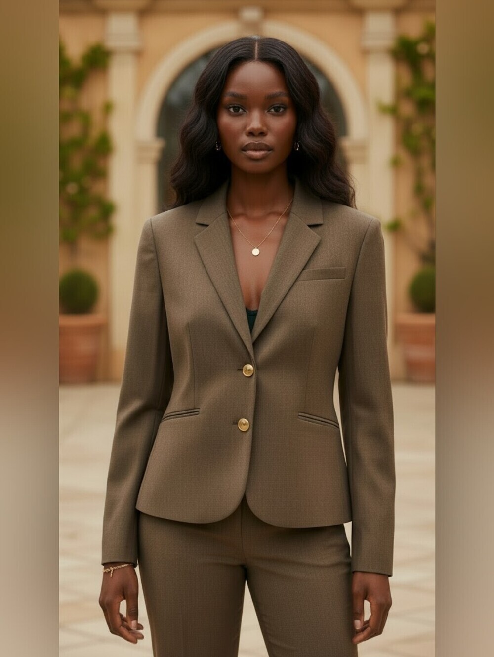 Calvin Klein Olive Brown Tweed Blazer Gold Button Structured Jacket Size 10